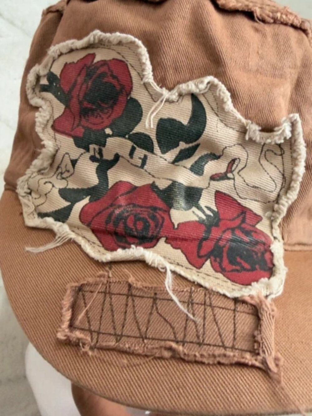 Vintage Brown Distressed Floral Rose Patch Military Cadet Cap Hat Y2K Grunge - Picture 3 of 5